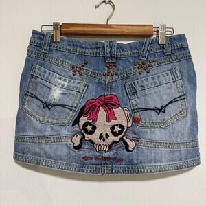 VTG Y2K Denim Micro Mini Skirt 26 Indie Grunge Skull Patch 90s 00s Punk Edgy Alt